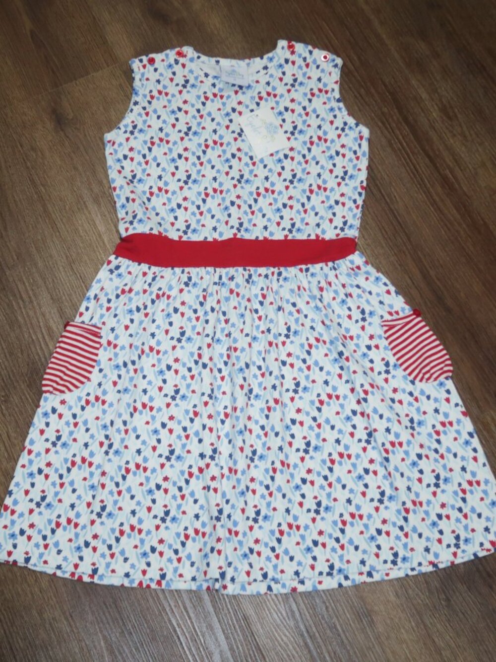 NWT Girls Eyelet & Ivy 100% Pima Cotton Soft Knit Floral Dress Red White Blue 10